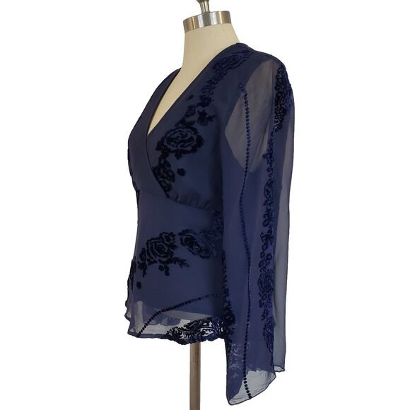 Y2K Silk Blend Burnout Velvet Babydoll Top Flared Sleeve Whimsigoth Fairy Grunge - Picture 3 of 12